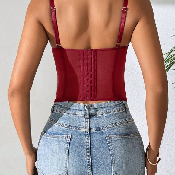 Burgundy Elegant Sexy Women's Bodycon Lace Trim Bustier Top - Picture 2 of 11